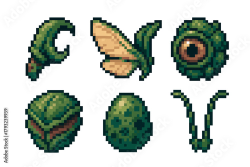 Set of six green pixel art icons representing mystical items, including a claw, wing, eye, open mouth, egg, and antennae.