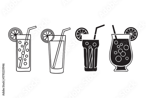 Vector Lemonade glass line and solid icon set pack outline different style. Symbol, logo