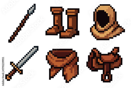 Pixel art icons depicting medieval equipment, including a spear, boots, hood, sword, scarf, and saddle, illustrated in retro gaming style.