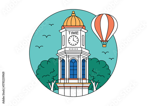 A clock tower with the word TIME on it stands tall with a hot air balloon in the sky.