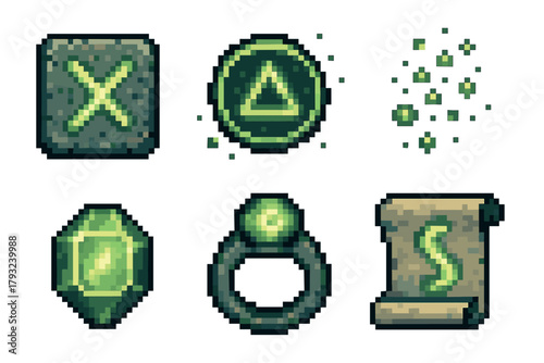 Six pixel art icons representing magical items, including runes, a crystal, a glowing ring, and a scroll, in varying shades of green.