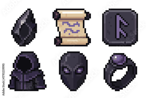 Pixel art collection featuring a black gem, ancient scroll, rune stone, hooded cloak, mysterious mask, and a magic ring with a purple gemstone.