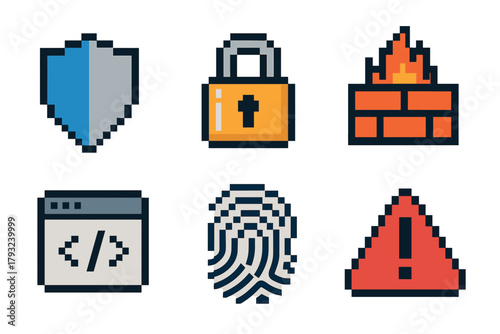 Set of six pixelated cybersecurity icons, including a shield, lock, firewall, code, fingerprint, and warning sign, representing various digital security concepts.