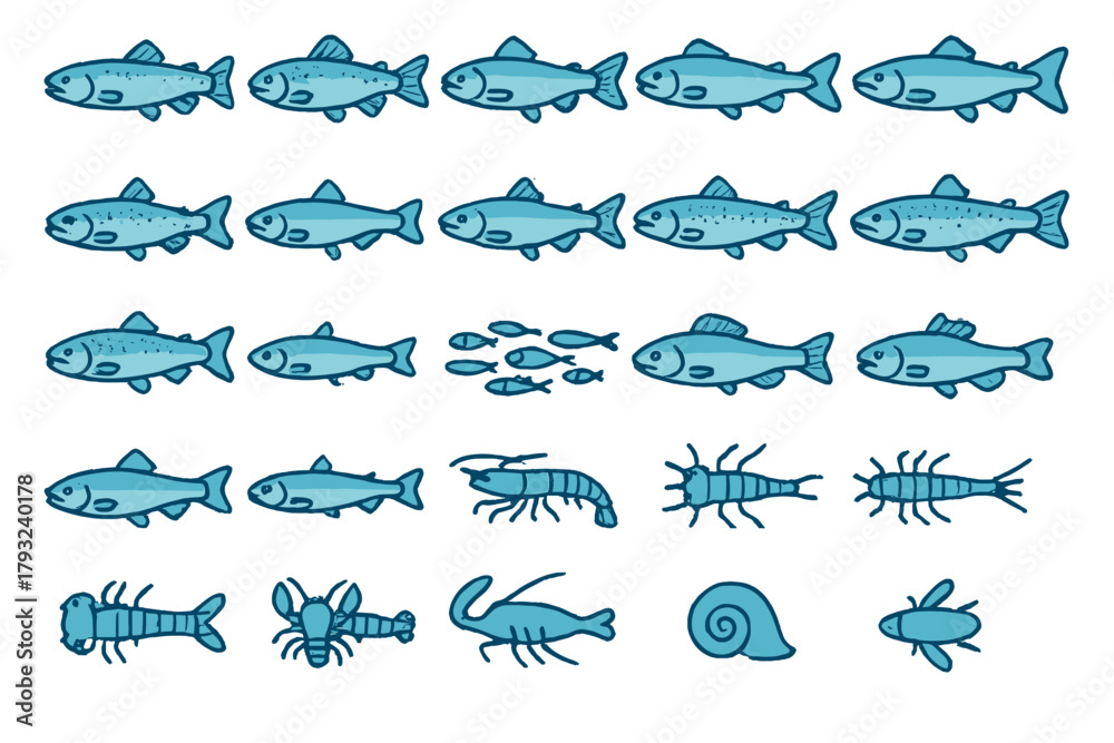 Naklejka premium Seamless pattern of fish, shrimp, and aquatic species on blue