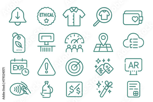 Modern neon-style ecommerce and sustainability icon set on teal gradient background