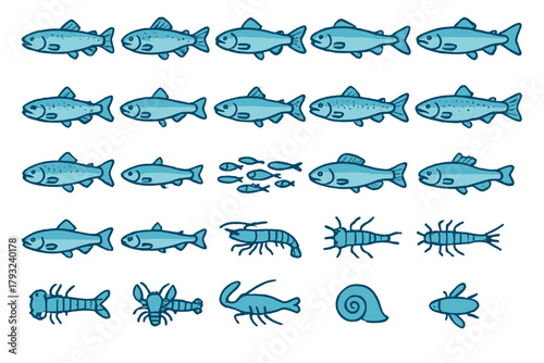 Seamless pattern of fish, shrimp, and aquatic species on blue