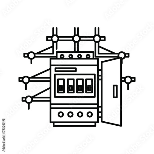 Electrical distribution box with switches and wires, representing power supply and energy management