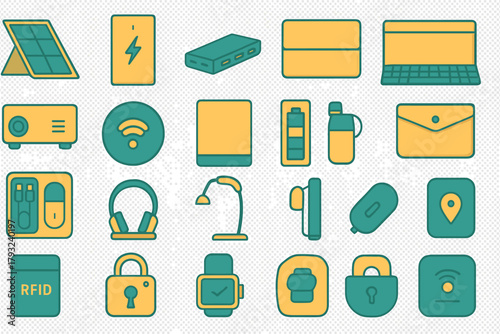 Portable tech gadgets and travel gear icon set