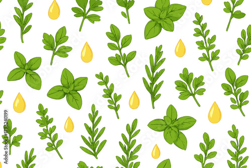 Seamless herbal background with glowing essential oil drops