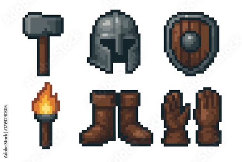 Pixel art style set featuring medieval armor pieces, including a helmet, shield, hammer, torch, boots, and gloves on a white background.