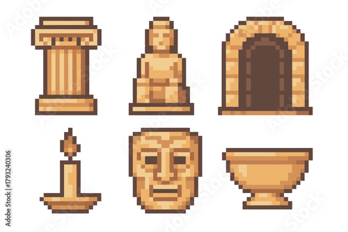 Pixel art icons featuring ancient architectural and cultural elements, including a column, statue, archway, candle, mask, and bowl.