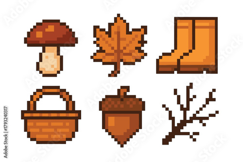 Pixel art set featuring mushroom, maple leaf, boots, wicker basket, acorn, and twig with a retro video game style.