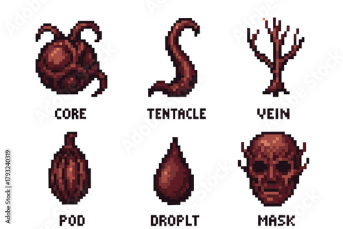 Six pixel art icons of eerie objects including a core, tentacle, vein, pod, droplet, and mask, all depicted in a dark and ominous style.