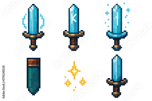 Six pixel art illustrations of enchanted blue swords and a sheath, featuring glowing effects and varying magical designs.