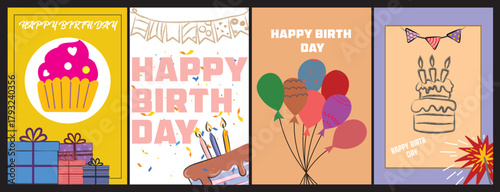 Modern Birthday Card and Poster Set — Colorful Vector Illustrations with Cupcake, Balloons, Cake, and Gift Boxes in Geometric Style
