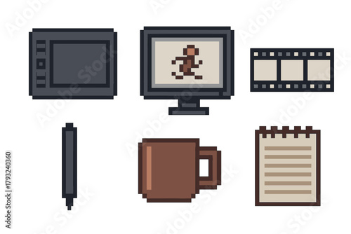 Pixel art representation of a digital drawing tablet, computer monitor, filmstrip, stylus, brown coffee mug, and notepad on a white background.