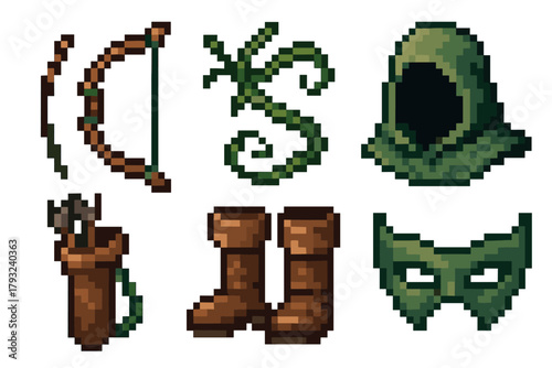Set of pixel art fantasy items including a wooden bow, quiver with arrows, green vine, hooded cloak, brown boots, and a mysterious green mask.