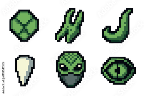 Six diverse pixel art icons depicting alien elements including a head, eye, tentacle, forked hand, tooth, and cubic structure, all in green and black shades.