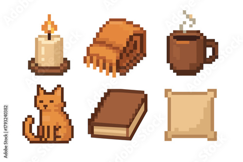 Six assorted 8-bit pixel art items including a candle, folded blanket, steaming cup, orange cat, closed book, and blank scroll.
