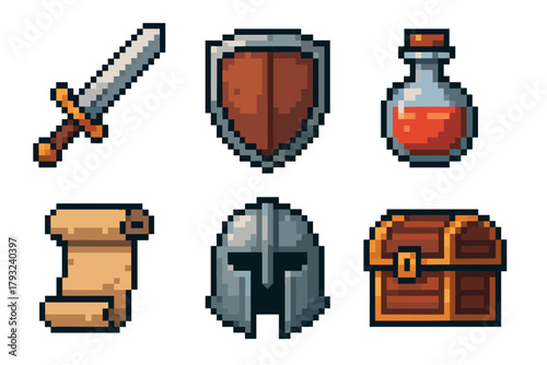 Pixel art icons depicting a sword, shield, potion, scroll, helmet, and treasure chest, commonly found in fantasy games.