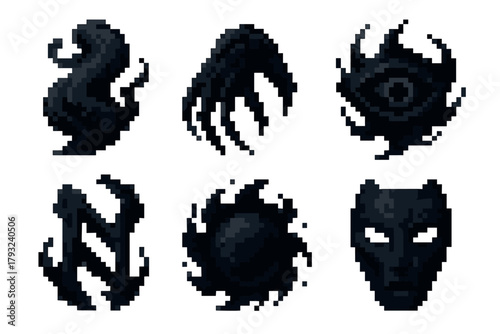 Six stylized black pixel-art icons depicting abstract shapes and fantasy creature elements, including a beastly face and a swirling eye.