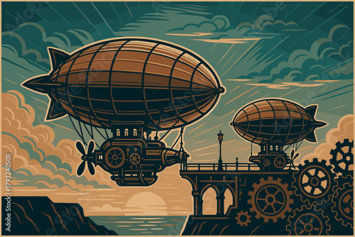Steampunk airships departing from a gear-laden cliff at sunset