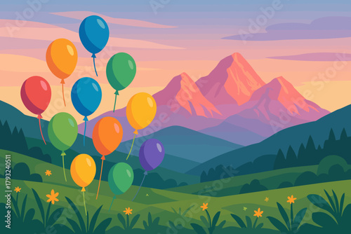 Vibrant balloons floating in a peaceful mountain valley at dawn