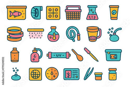 Aquaculture lab and fish tank maintenance equipment icons