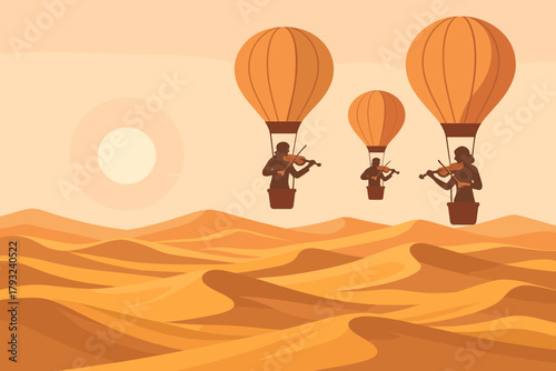 Musicians in hot air balloons playing violins over a desert at sunset