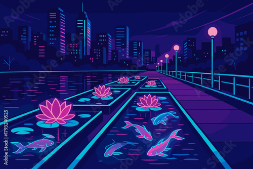 Futuristic city riverwalk with glowing lotus flowers and koi fish