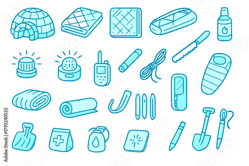 Seamless pattern of winter survival and emergency gear illustrations