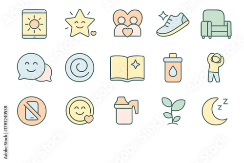 Pastel wellness lifestyle icons on soft gradient background