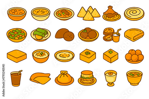Seamless pattern of Indian food and snack icons on warm background