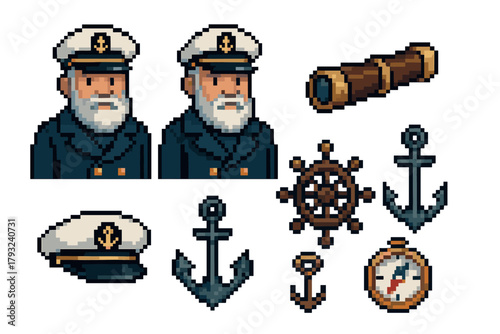 Pixel art sailors in uniforms with captain's hats alongside nautical elements including anchors, a ship wheel, a telescope, and a compass.