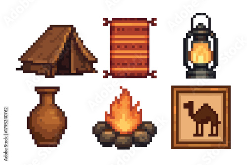 Pixel art collection depicting a camping tent, ornate rug, lantern, clay pot, campfire, and framed camel image, showcasing elements of outdoor adventure.