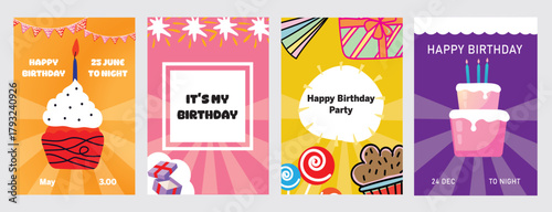 Playful Birthday Card and Poster Set with Cupcake, Gift, and Party Elements. Colorful Vector Illustrations for Invitations, Greeting Cards, and Celebration Designs