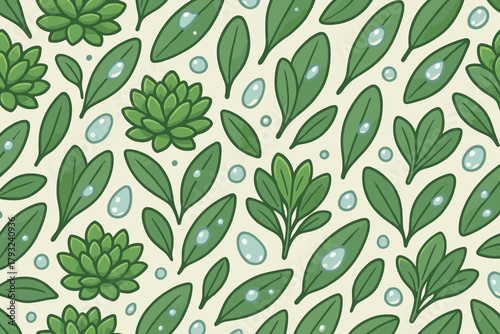 Seamless botanical pattern with green leaves and water droplets