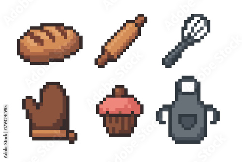 Pixel art icons of a loaf of bread, rolling pin, whisk, oven mitt, cupcake, and apron, representing baking supplies and tools.