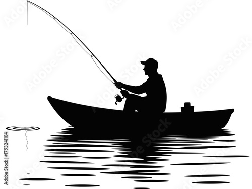 A silhouette of a person fishing from a boat on the water.