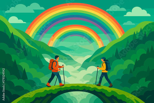 Hikers under a double rainbow in a lush mountain valley