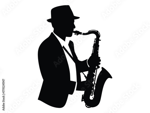 Silhouette of a man in a suit and fedora playing a saxophone.