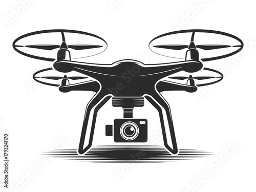 A modern drone with a camera attached is depicted in a graphic illustration.