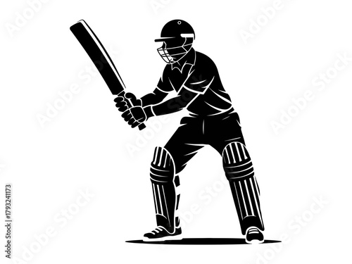 Silhouette of a cricket batsman ready to swing the bat during a match.