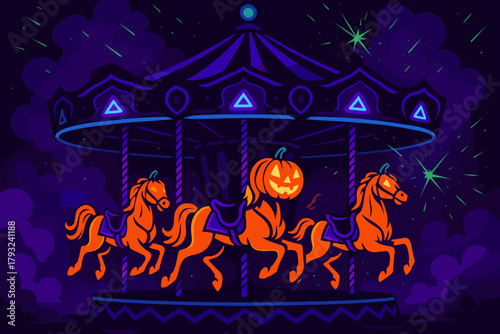 Haunted Carousel Ride with Pumpkin-Headed Horse – Halloween Night