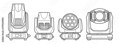 Detailed line-art illustration of four professional moving head stage lights. Clean technical outlines showcase different lighting fixtures used in concerts, events, and studio production.