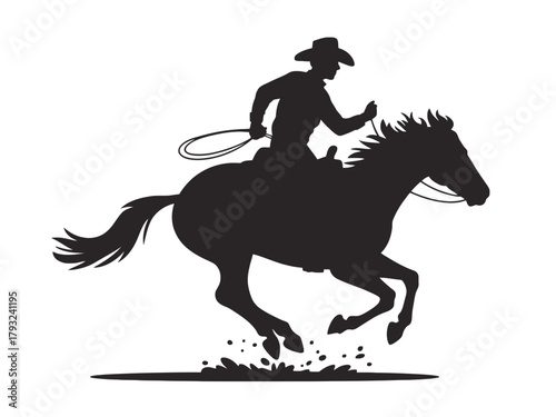 A silhouette of a cowboy riding a horse at full gallop with a lasso.