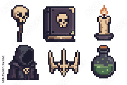 Pixel art icons of dark magical objects including a skull on a stick, book with a skull, lit candle, hooded figure, horned emblem, and potion bottle.