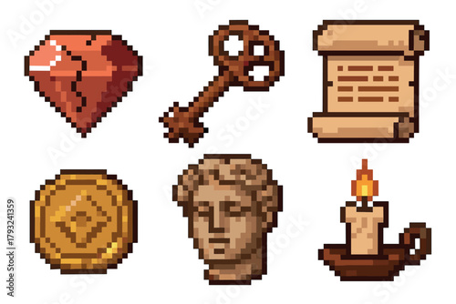 Six pixel art style icons including a red gemstone, a vintage key, a scroll, a gold coin, a stone bust, and a candle with a flame.