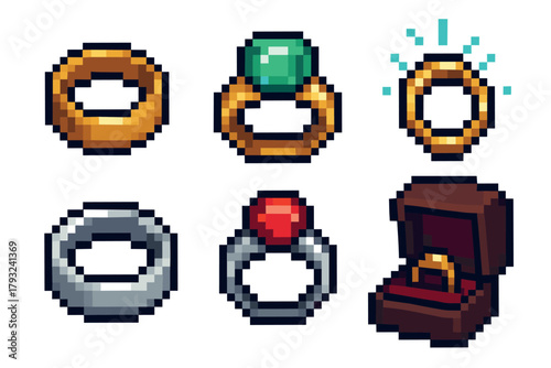 Pixel art depiction of six rings, including gold and silver bands, with one in a jewelry box and another featuring a large green gemstone.