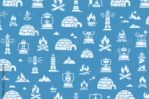 Seamless arctic pattern with igloos, lanterns, and lighthouses